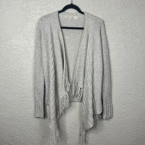Womens Y2K Hollister Chunky Knit Cardigan With Fringe Size S Ivory Cottage Cozy